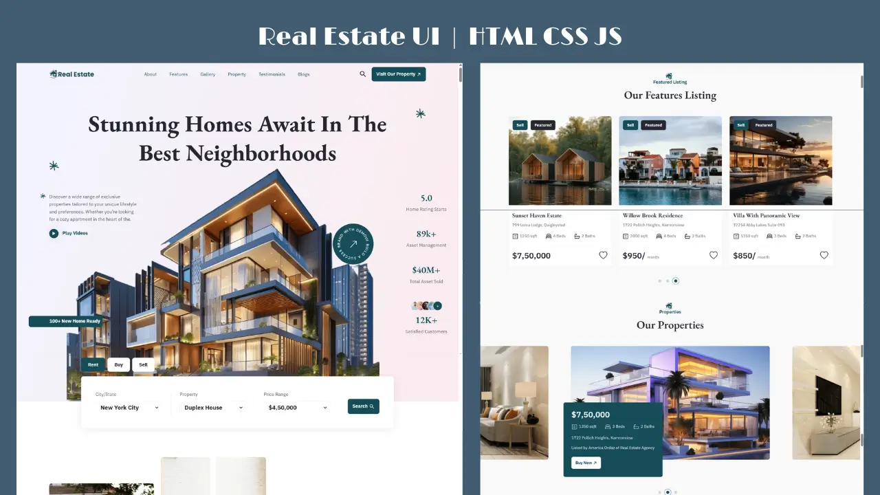 Real Estate Website HTML CSS JavaScript – Responsive Landing Page with Code