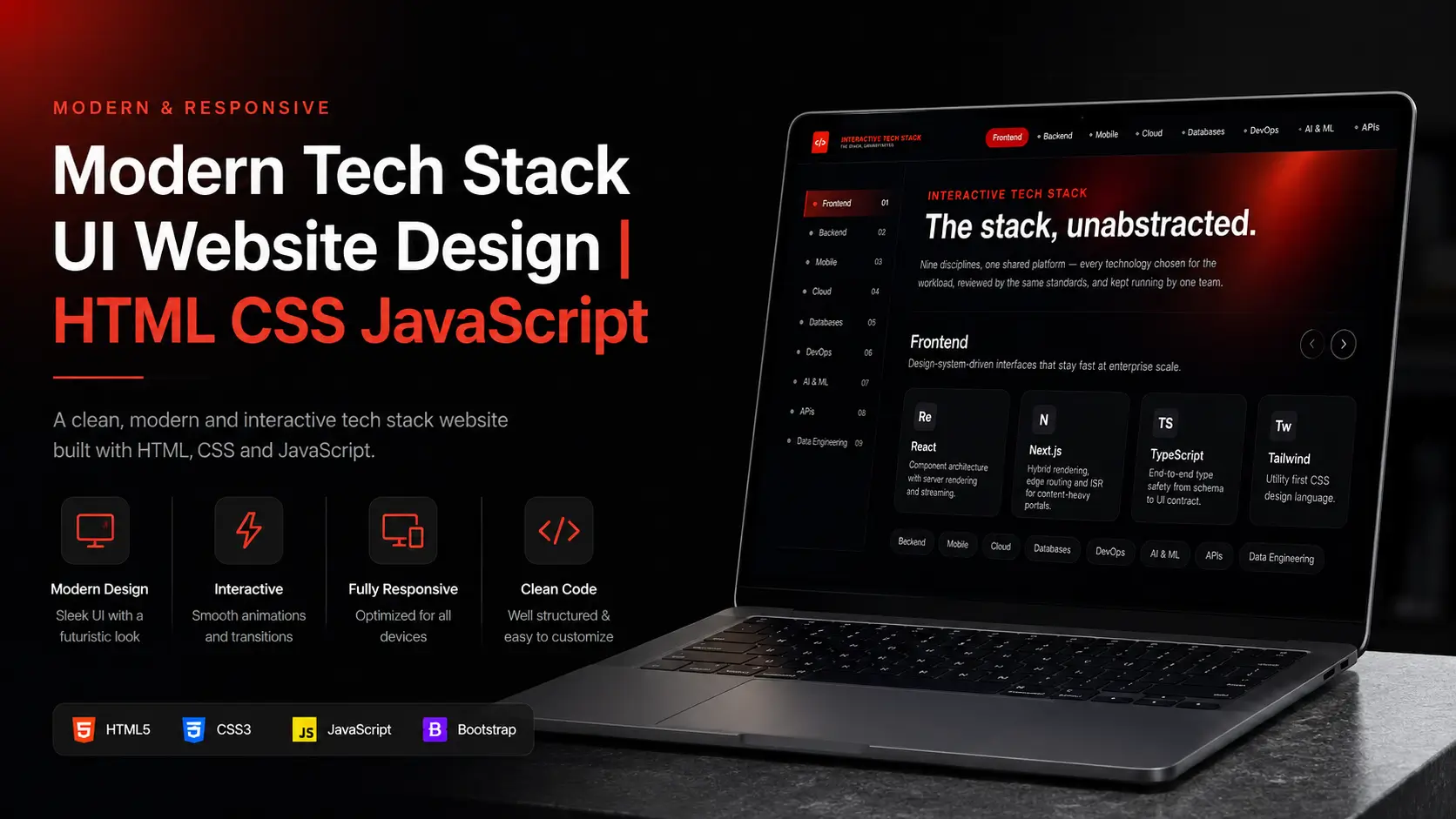 Modern Tech Stack UI Design Using HTML CSS & JavaScript