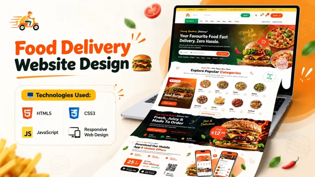 Food delivery website design homepage with restaurant menu and food cards